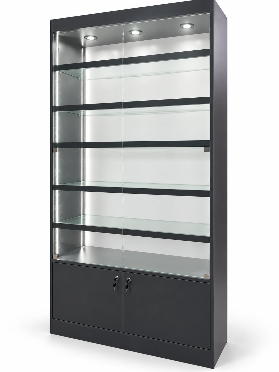 Vitrina exhibidora de vidrio gris grafito con LED, 5 estantes y guardado inferior