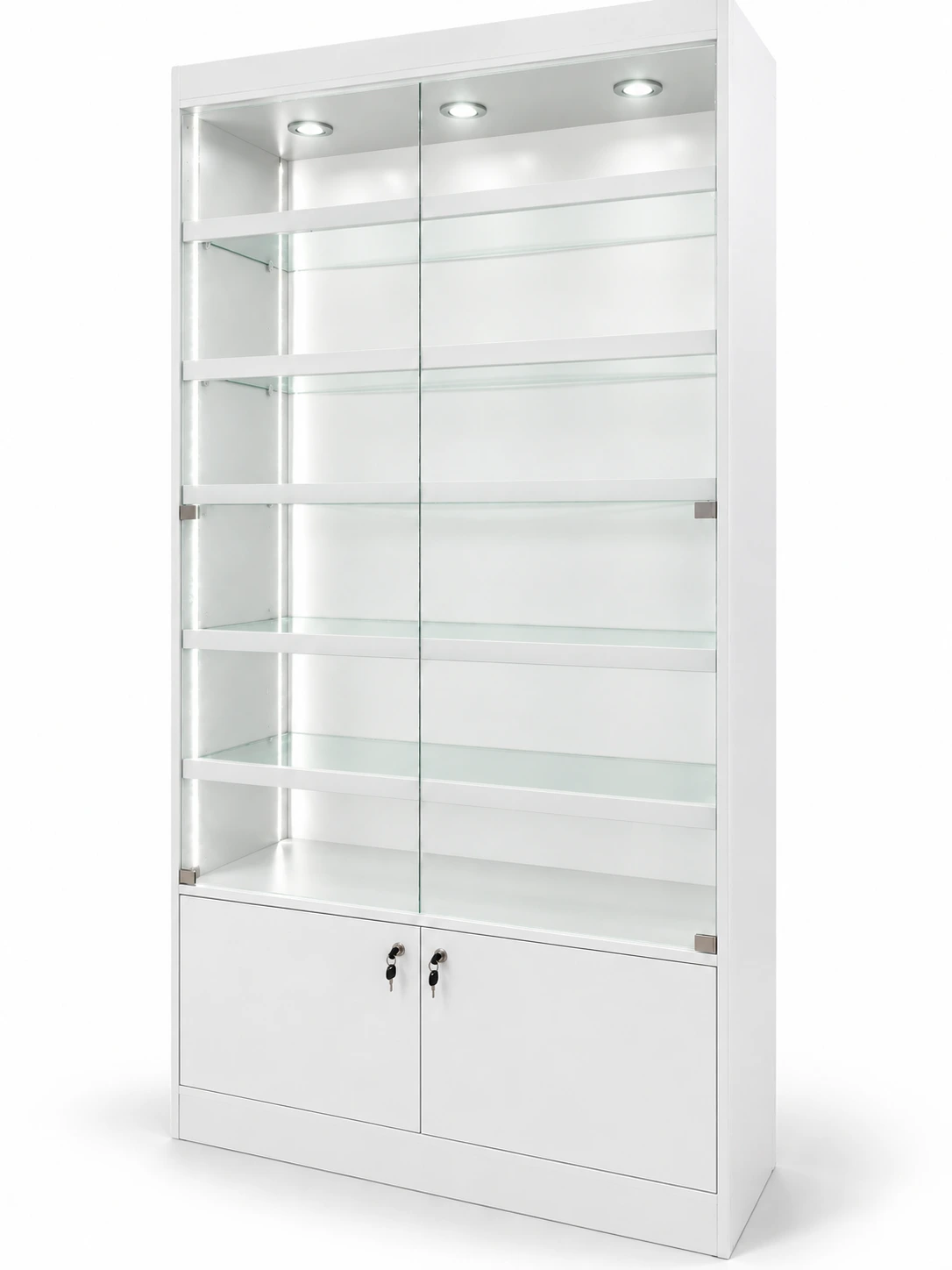 Vitrina exhibidora de vidrio con frente blanco, luces LED y guardado inferior