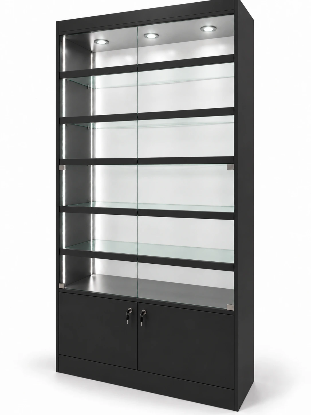Vitrina exhibidora vertical con frente negro, iluminación LED y estantes de vidrio
